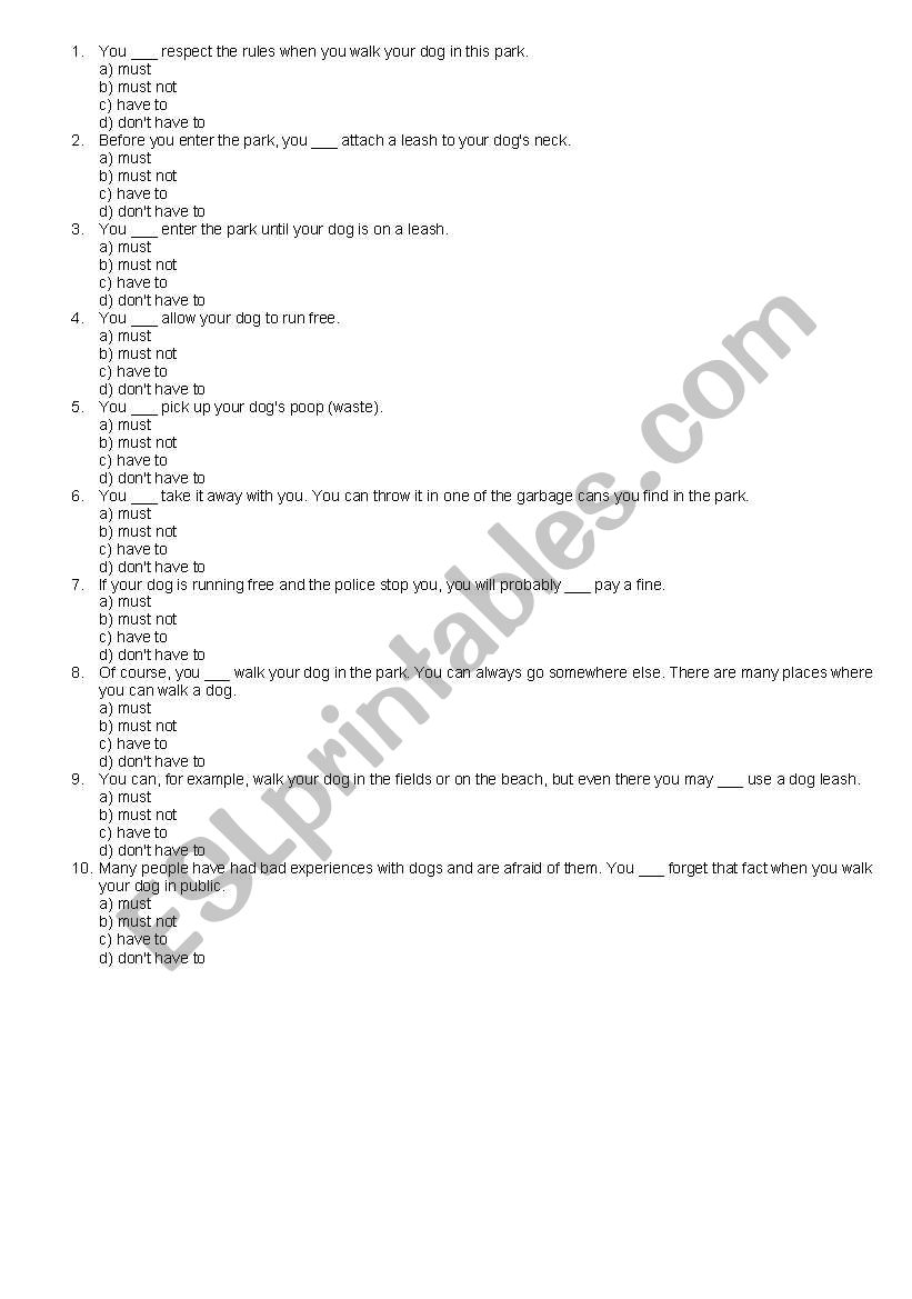 use of have to and must worksheet