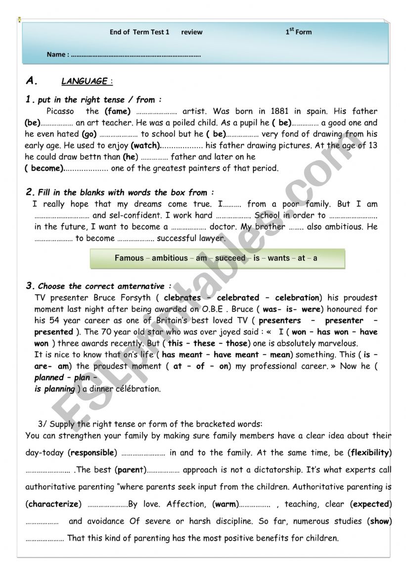 a set of 12 activities   for 1st year before the final test 
