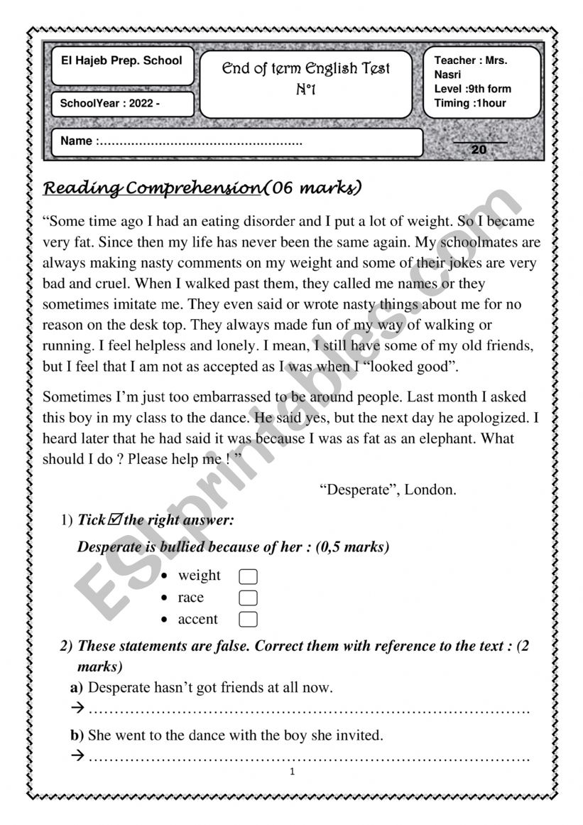 full term test NÂ°1 worksheet