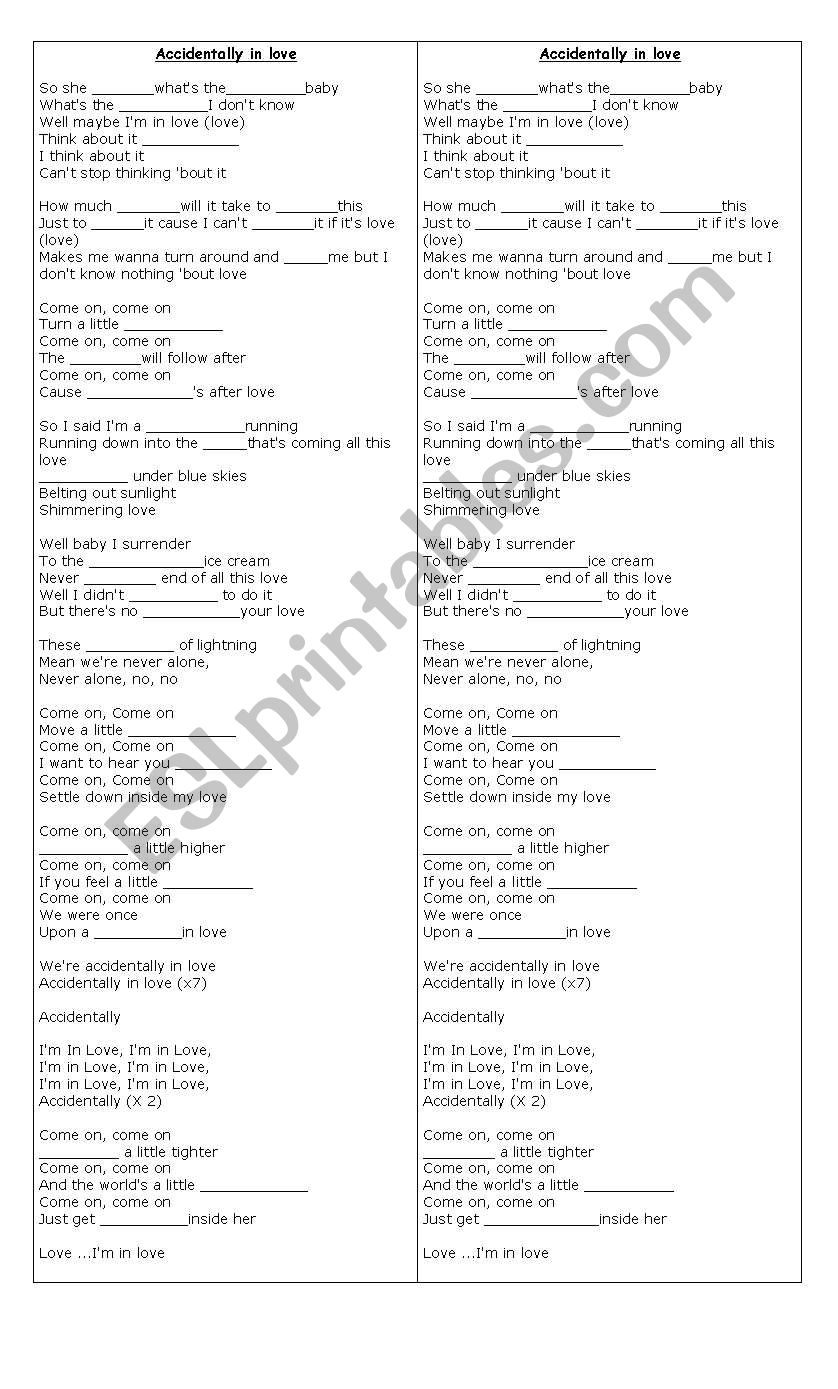 accidentally in love worksheet