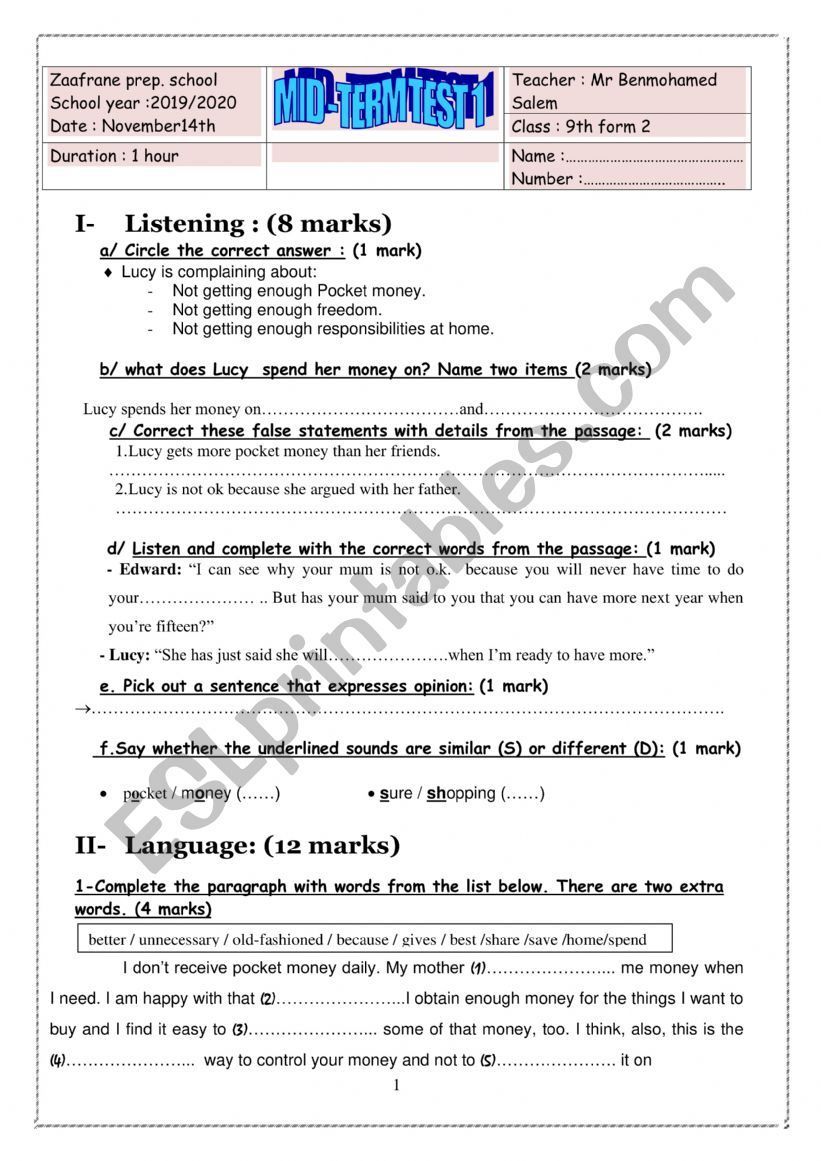 9th formers test n1 worksheet