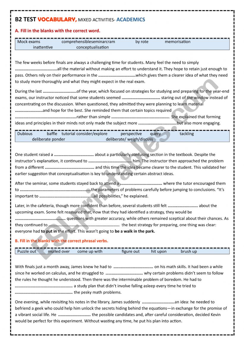 B2 TEST VOCABULARY, MIXED ACTIVITIES- ACADEMICS