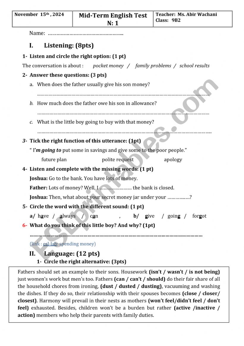 Mid term test N 1 - 9th form worksheet