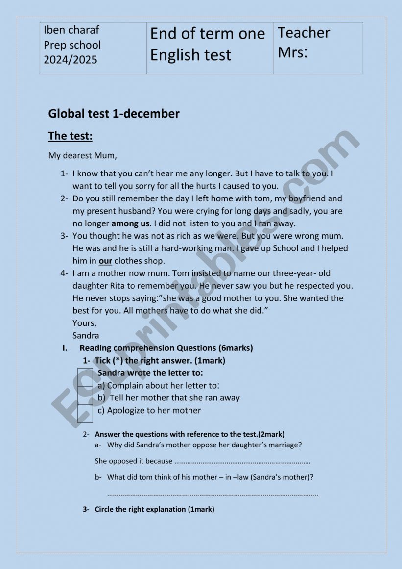 end of term 1 test  worksheet