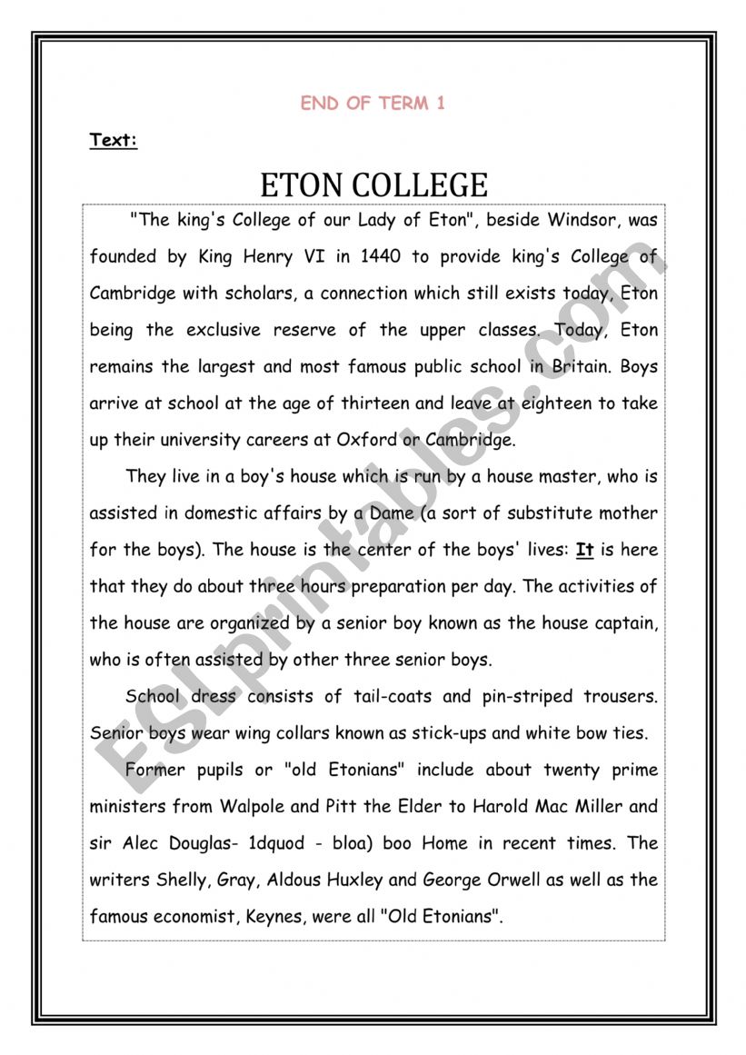 End of term test 1 9th  worksheet