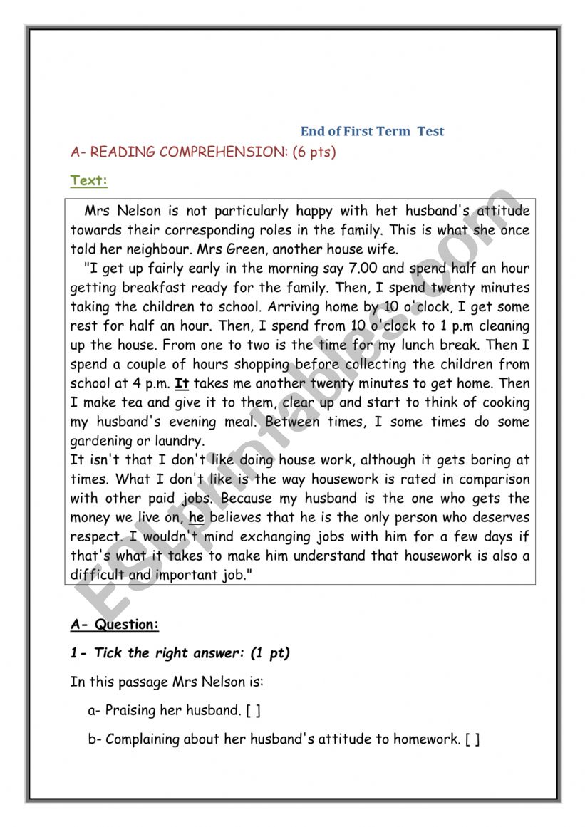 End of term test 1 9th form  worksheet