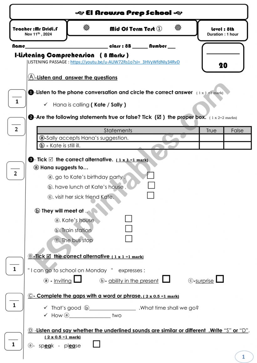 MID OF TERM TEST 1 8TH 2024 worksheet