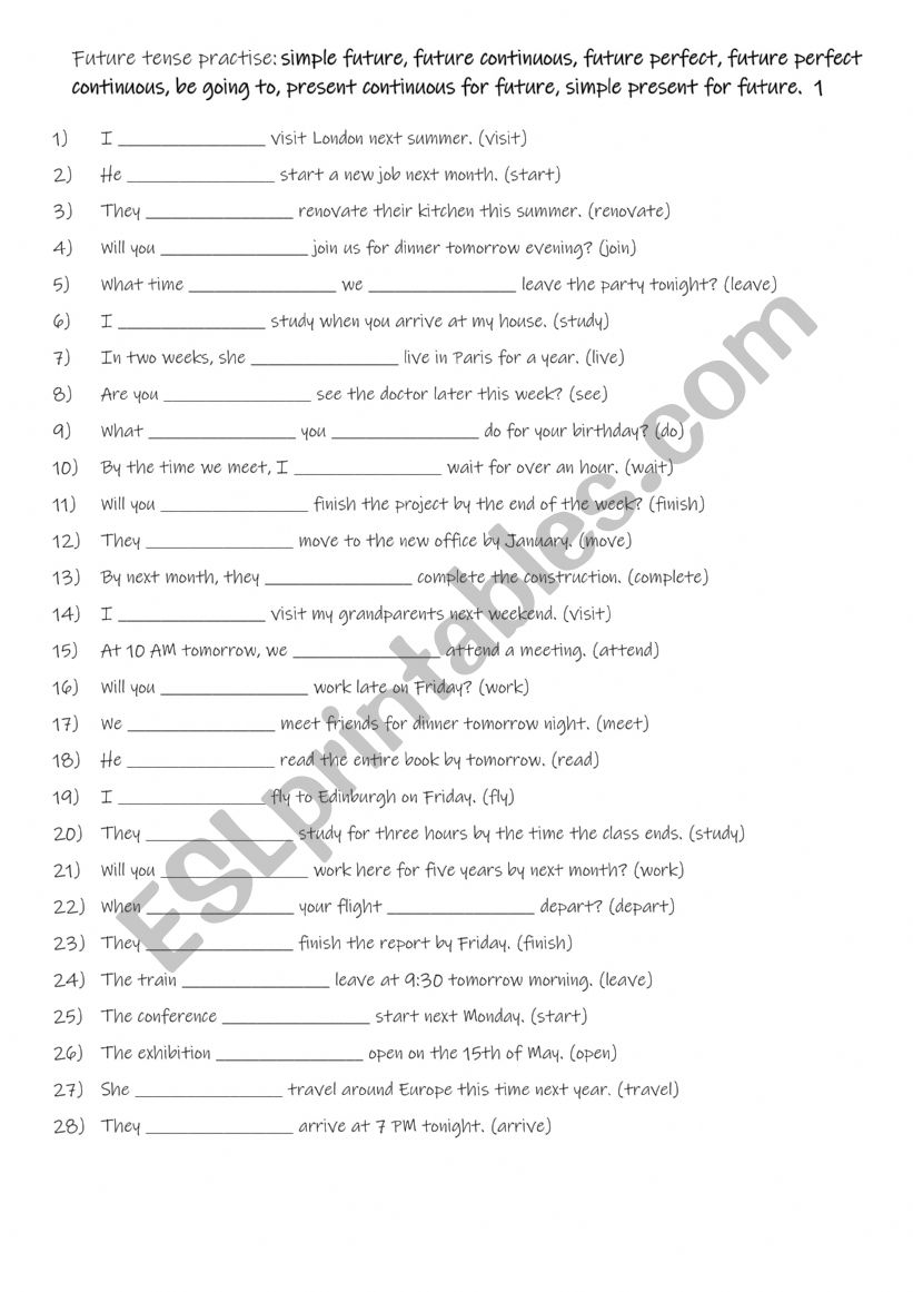 B1-B2 Future tense practise simple future, future continuous, future perfect, future perfect continuous, be going to, present continuous for future, simple present for future.  1