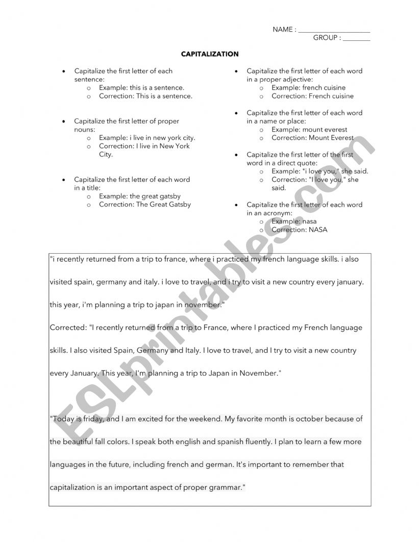 Capitalize the Letter worksheet