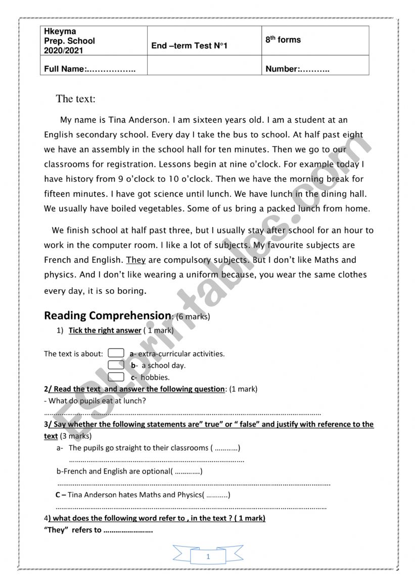 end term test n1 , 8 th form worksheet