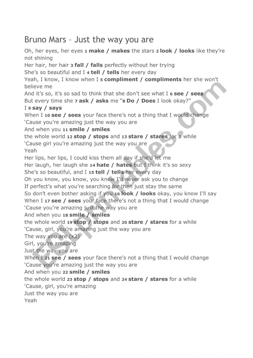 Bruno Mars Just The Way You Are übersetzung Bruno Mars – Just the way you are - ESL worksheet by gorkaas