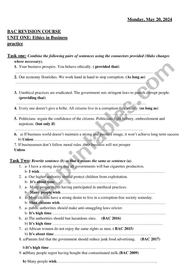 Bac revision activities worksheet