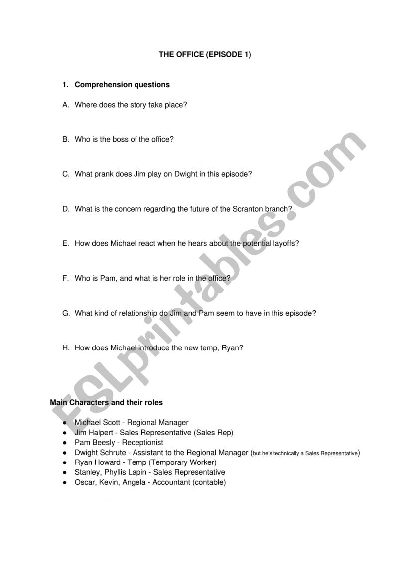 The Office (Episode 1) worksheet