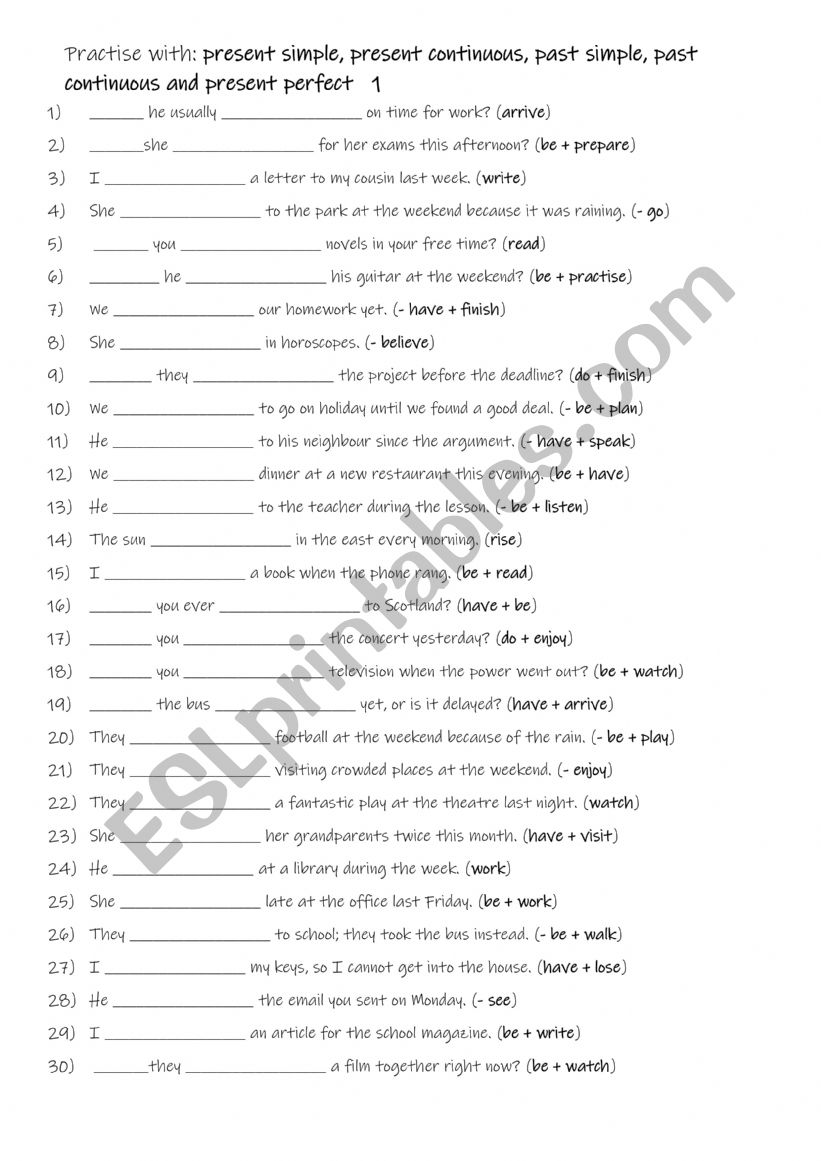 A2-B1 Practise with: present simple, present continuous, past simple, past continuous and present perfect  1