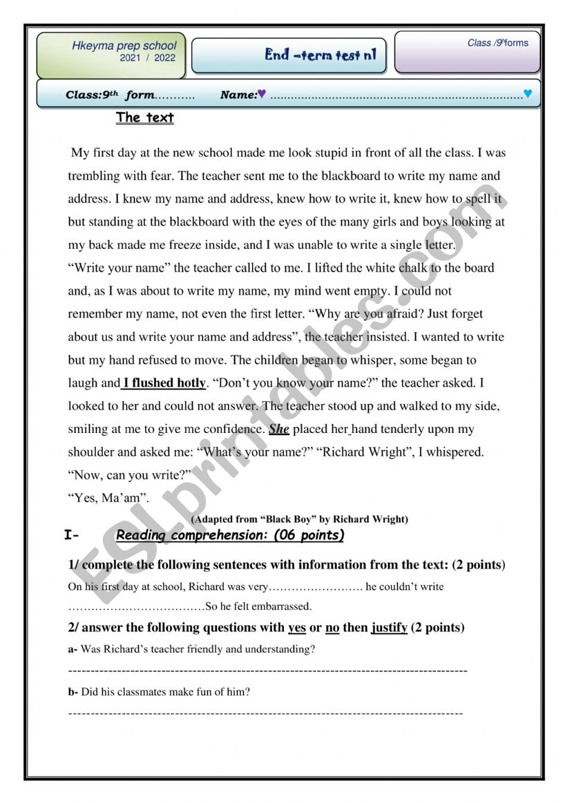 end of term exam n1 , 9th formers