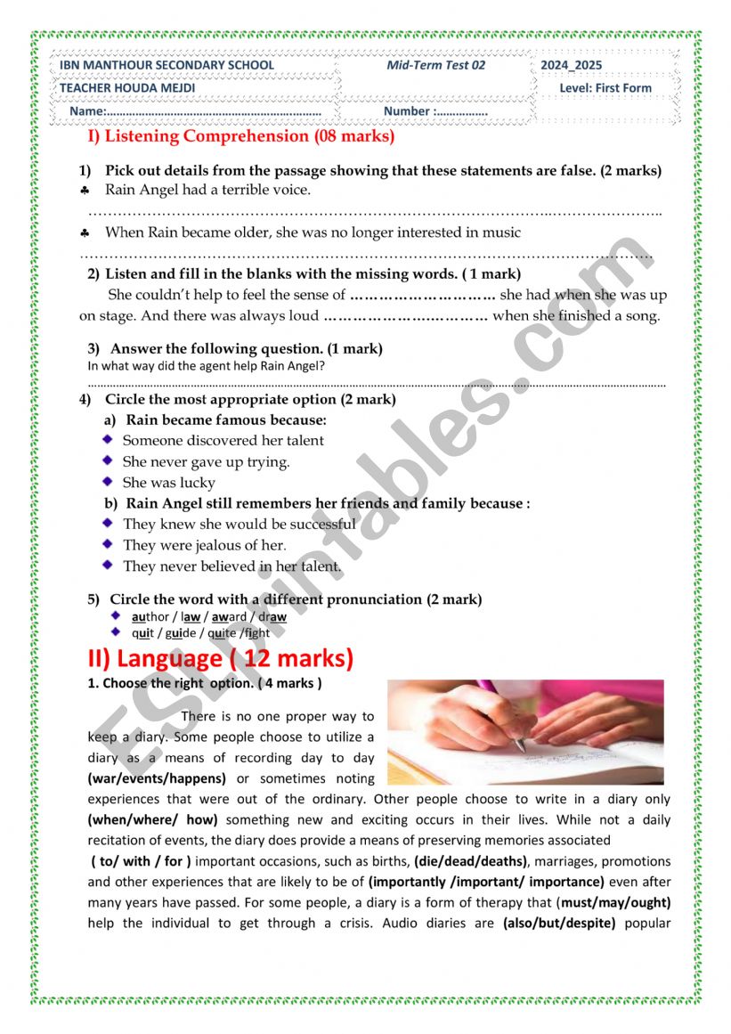 mid term test 2 first form worksheet