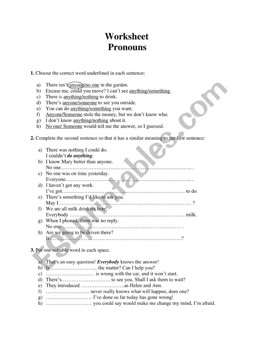 pronouns worksheet