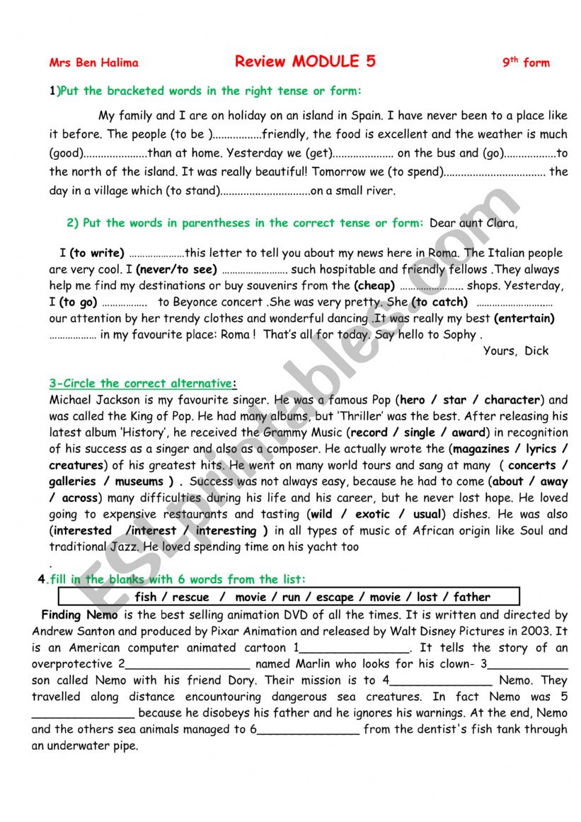 Review Module 5 9th form worksheet