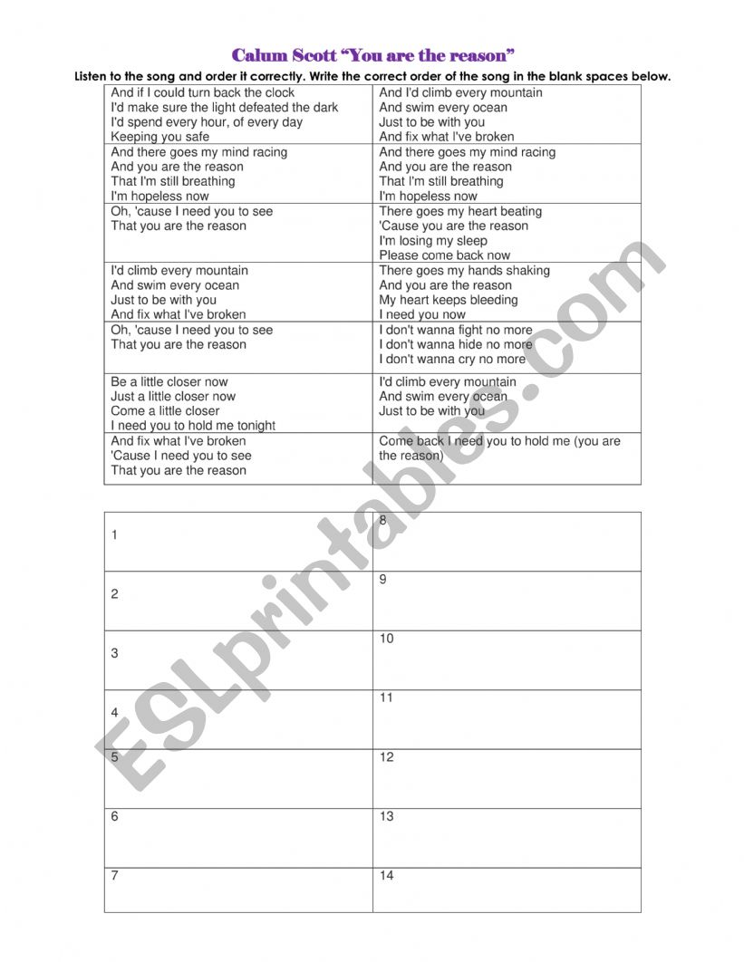 Song worksheet You are the reason