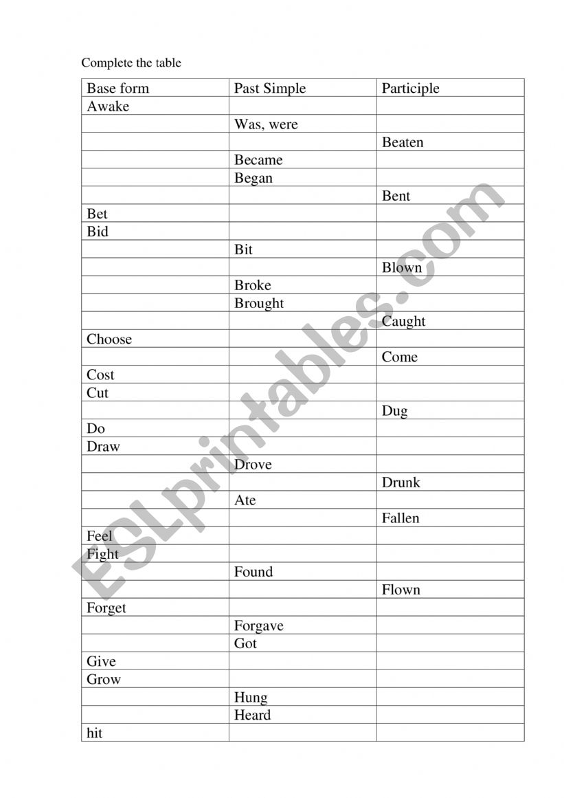3 forms of verbs worksheet