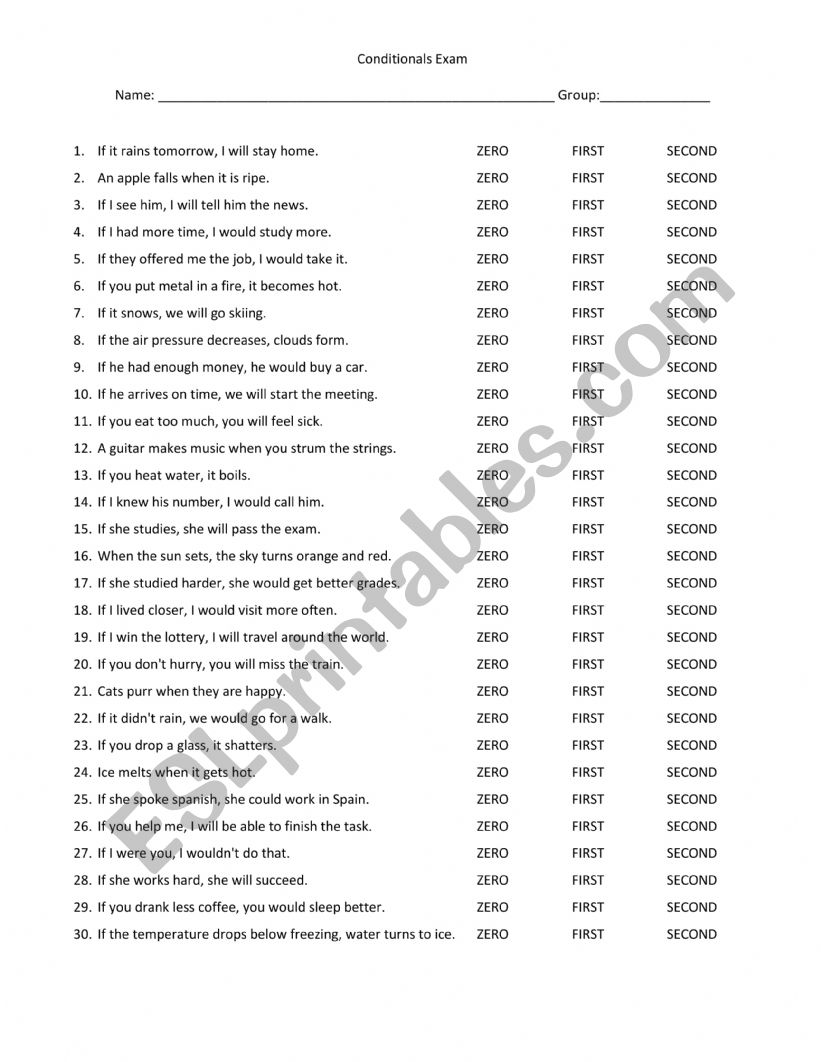Conditional Exam worksheet