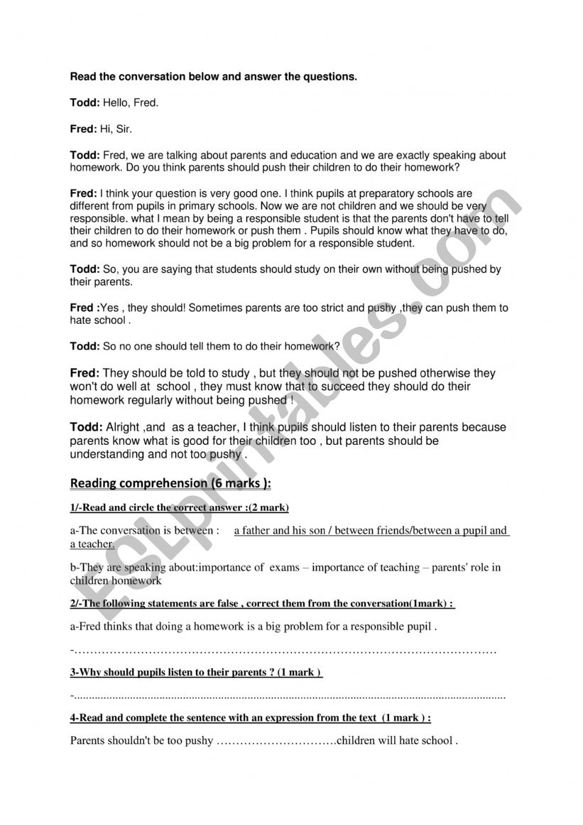 reading worksheet