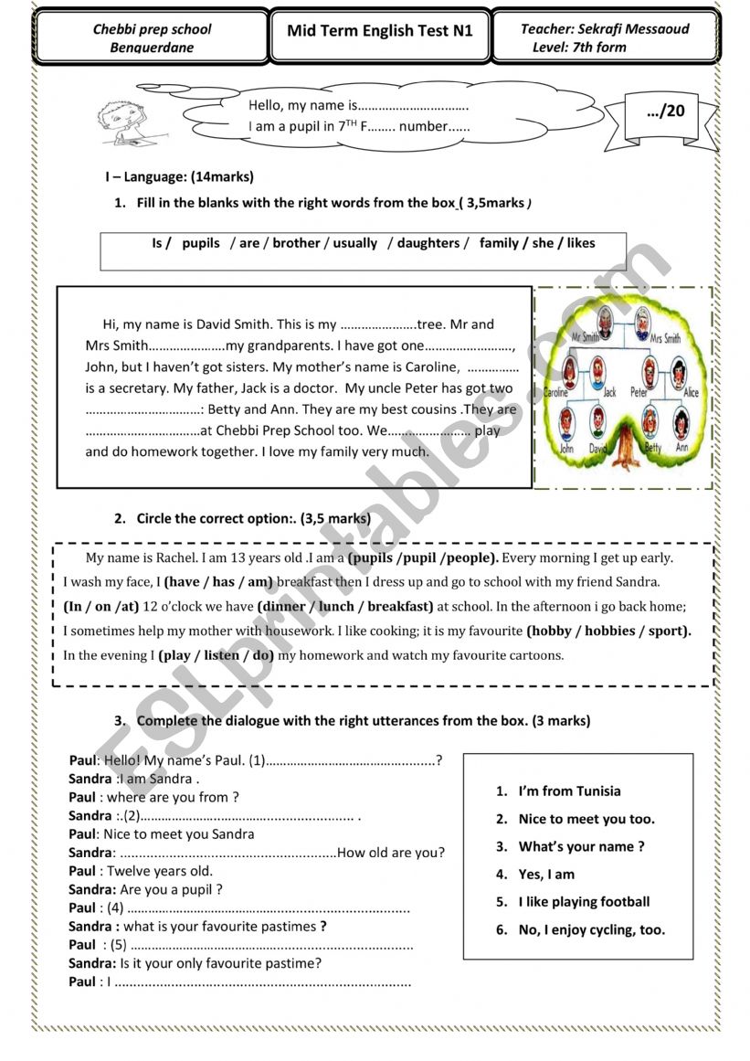 mid term test 8th form worksheet