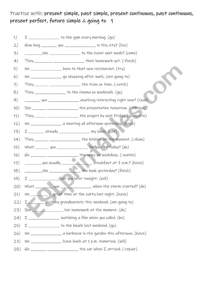 A2-B1 Practise with present simple, past simple, present continuous, past continuous, present perfect, future simple & going to  1
