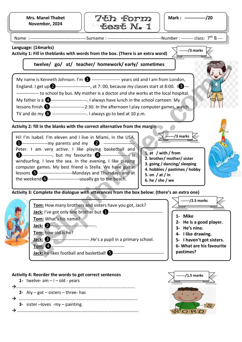Mid term test 1 7th form 2024-2025