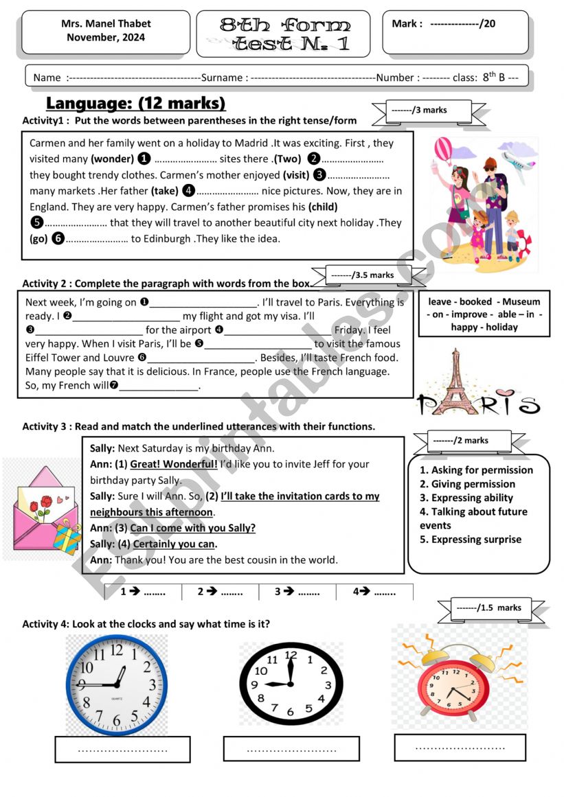 Mid term test 1 8th form 2024-2025