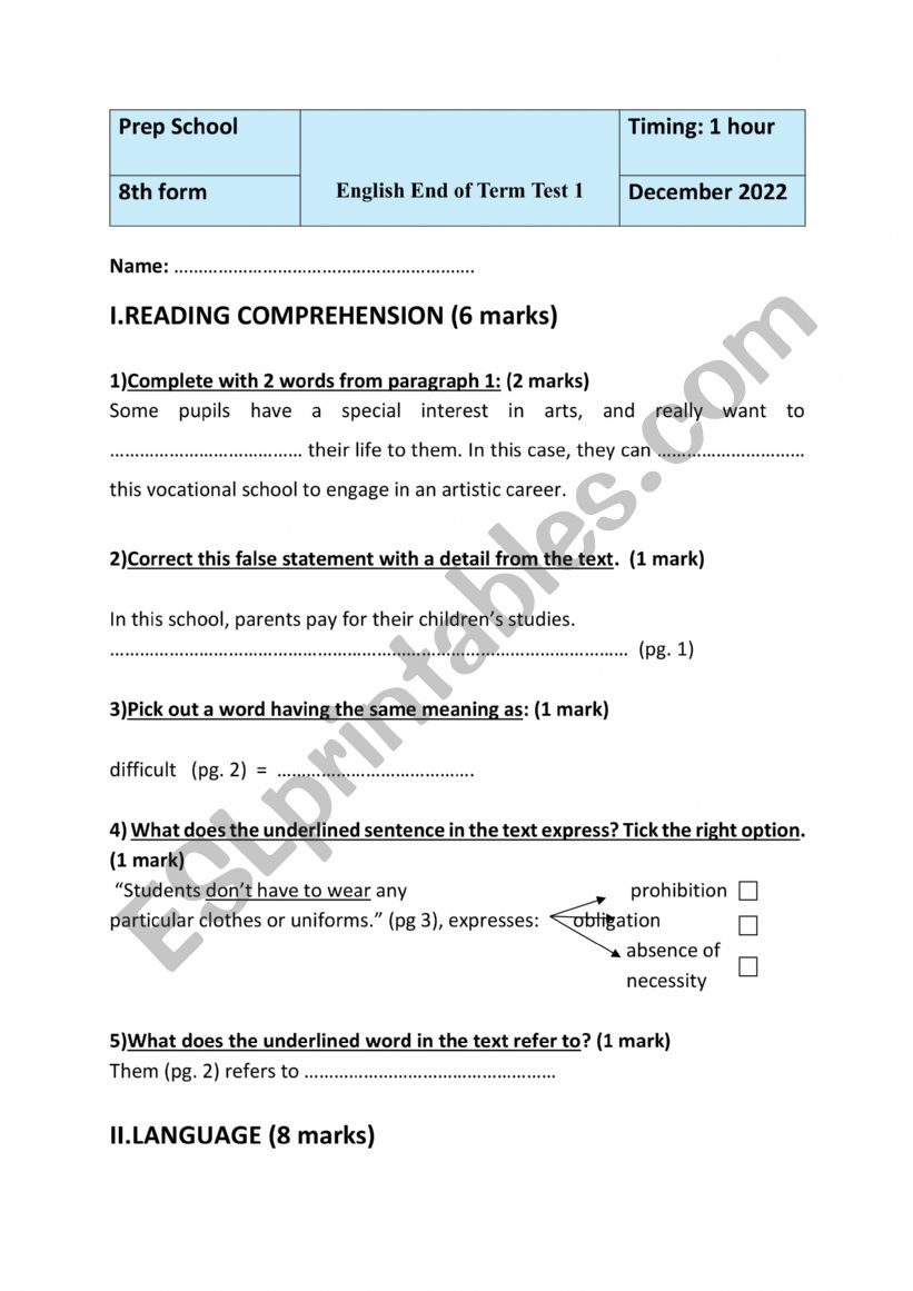 End of Term Test 8th Form worksheet