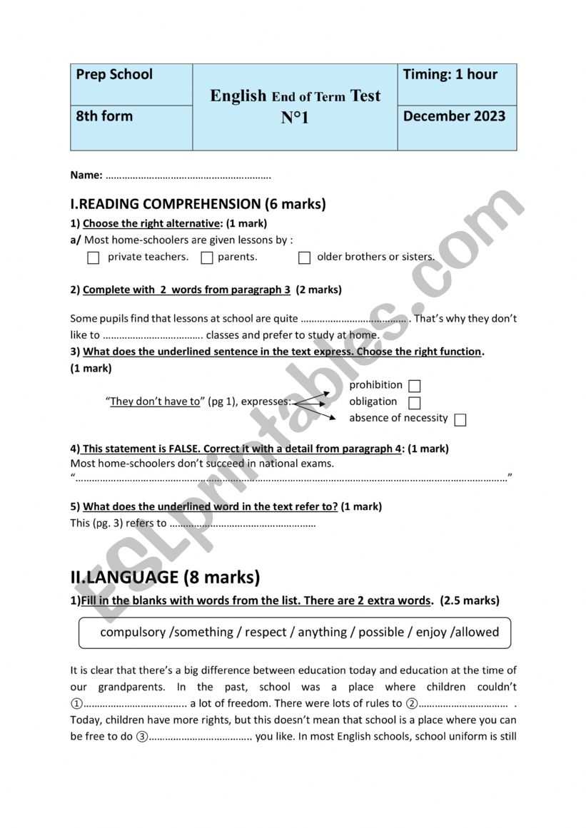 End of term Test for 8th form 
