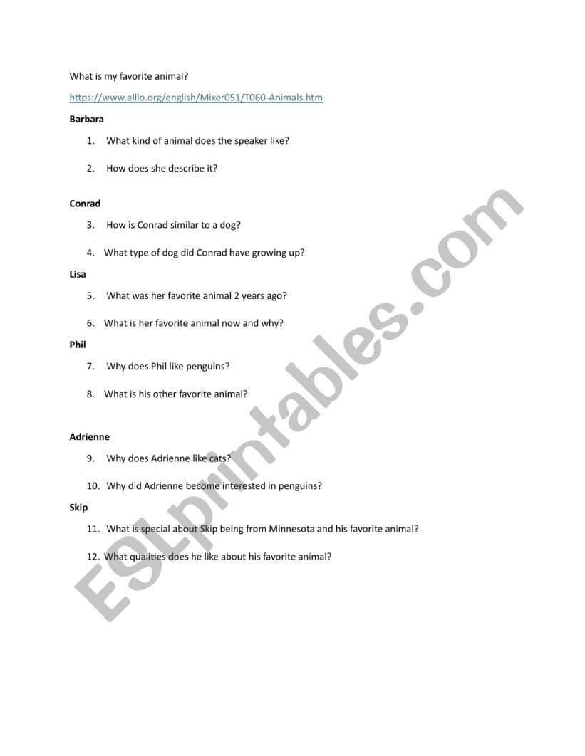 What is my favorite animal worksheet