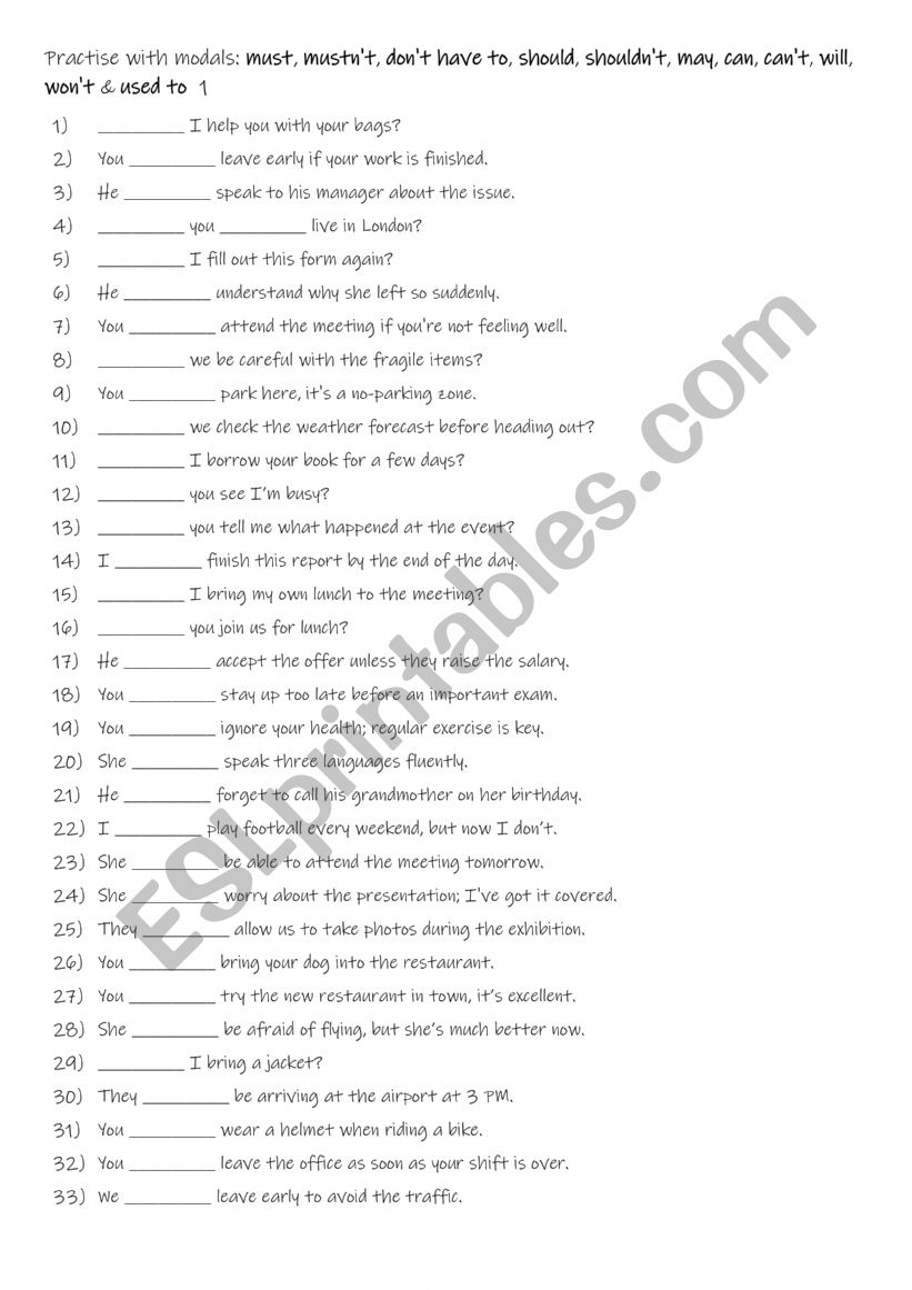A1+-A2 Practise with modals must, mustn�t, don�t have to, should, shouldn�t, may, can, can�t, will, won�t & used to  1