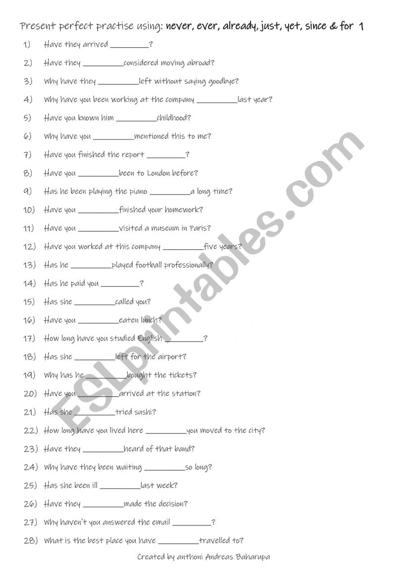 A2-B1 Present perfect practise using never, ever, already, just, yet, since & for  1