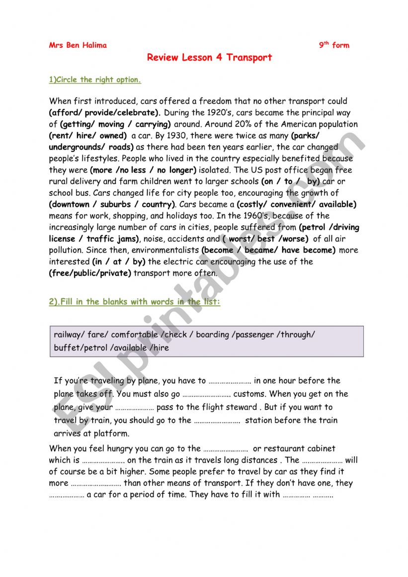 Review Lesson 4 Transport 9th form