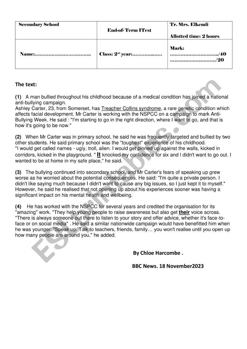 A man bullied worksheet