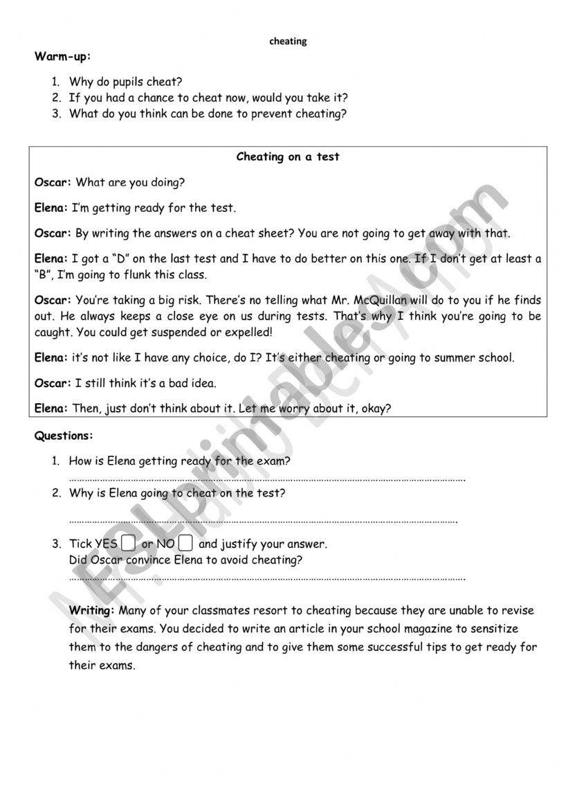 cheating in exams worksheet
