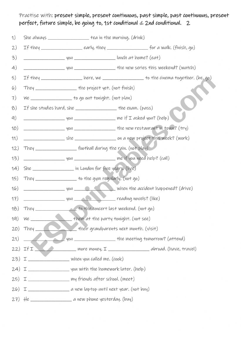 A2+-B1 Practise with present simple, present continuous, past simple, past continuous, present perfect, future simple, be going to, 1st conditional & 2nd conditional.  2
