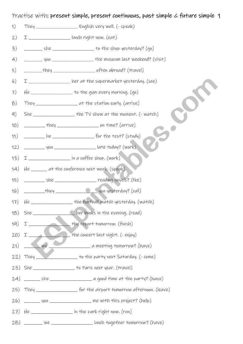 A1+-A2 Practise with present simple, present continuous, past simple & future simple  1