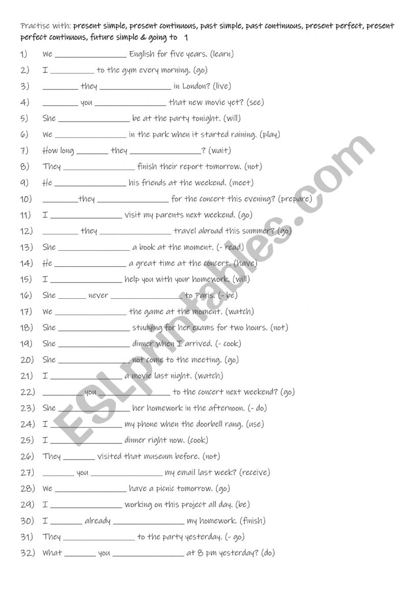 A2+-B1 Practise with present simple, present continuous, past simple, past continuous, present perfect, present perfect continuous, future simple & going to   1