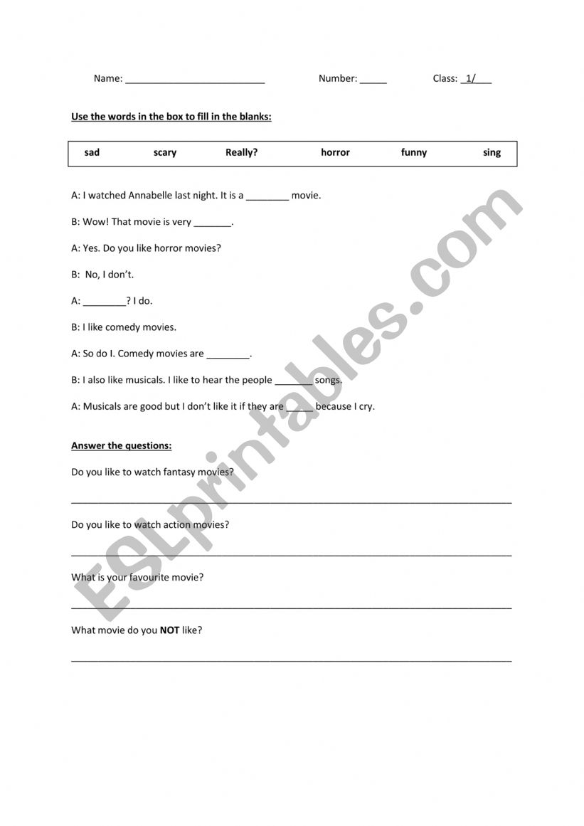 Movie Questionnaire worksheet