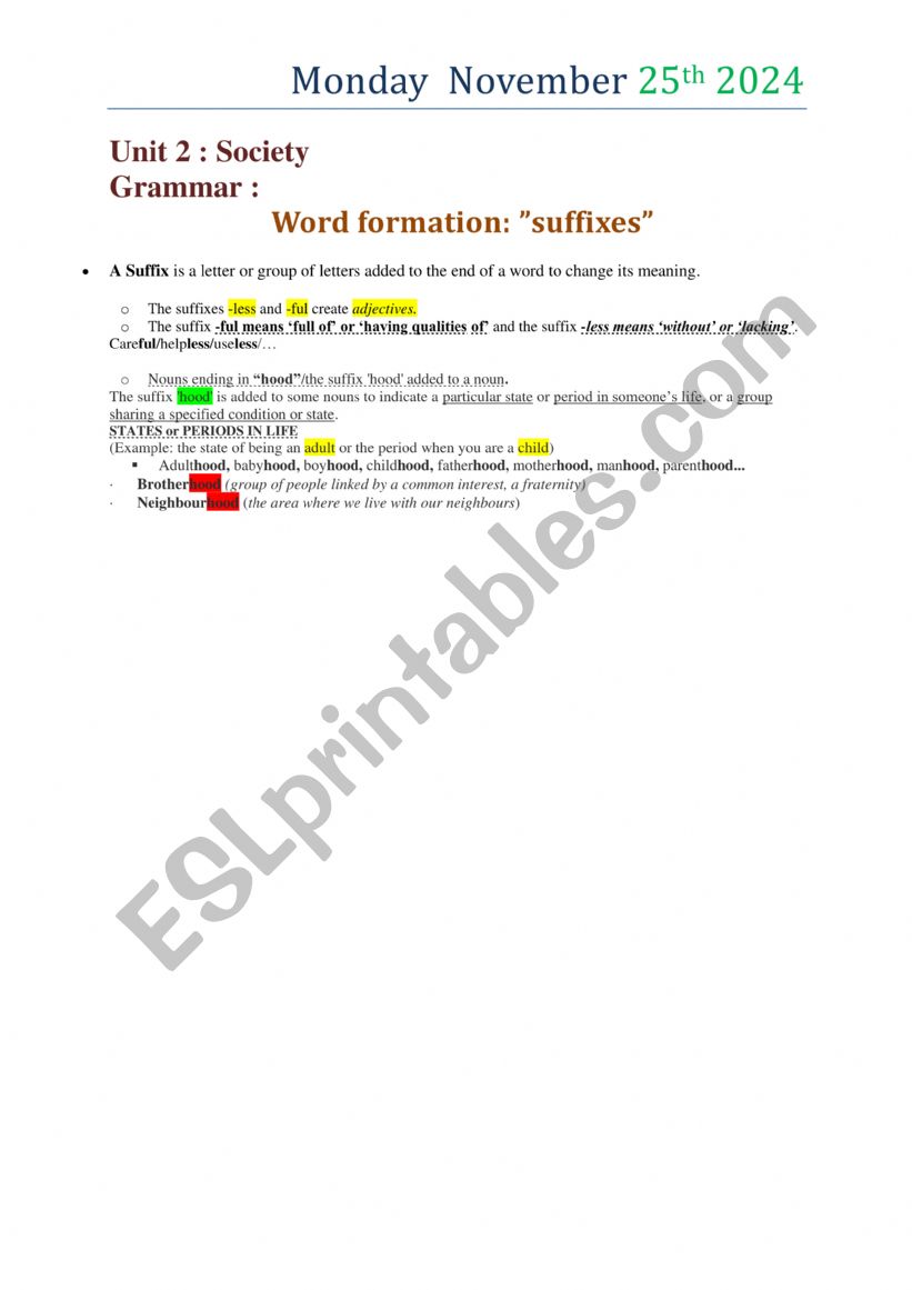 suffixes worksheet