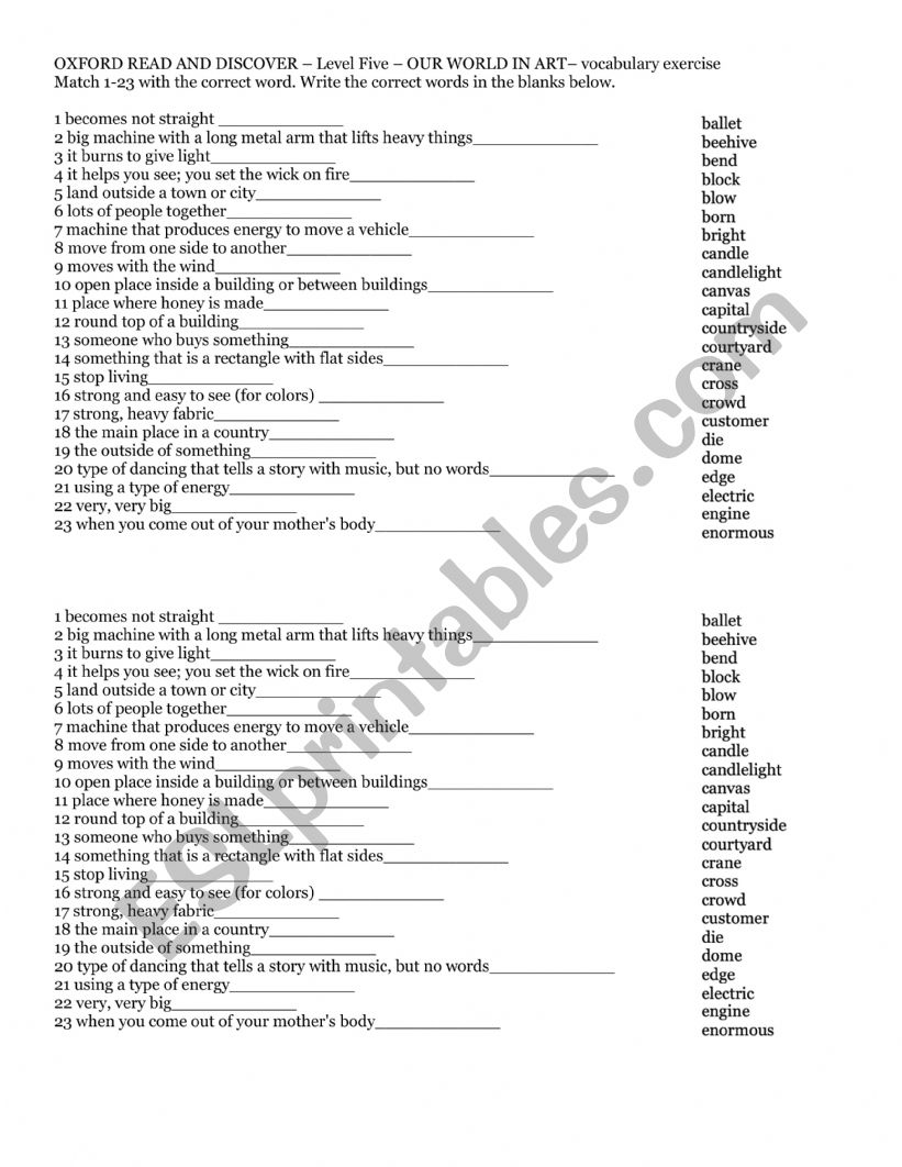 OXFORD READ AND DISCOVER  Level Five  OUR WORLD IN ART vocabulary exercise