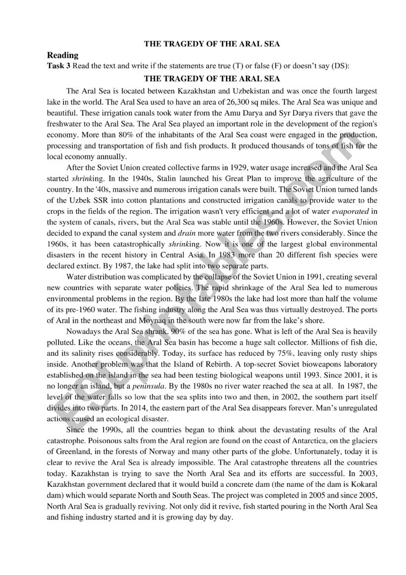 The Tragedy of the Aral Sea worksheet