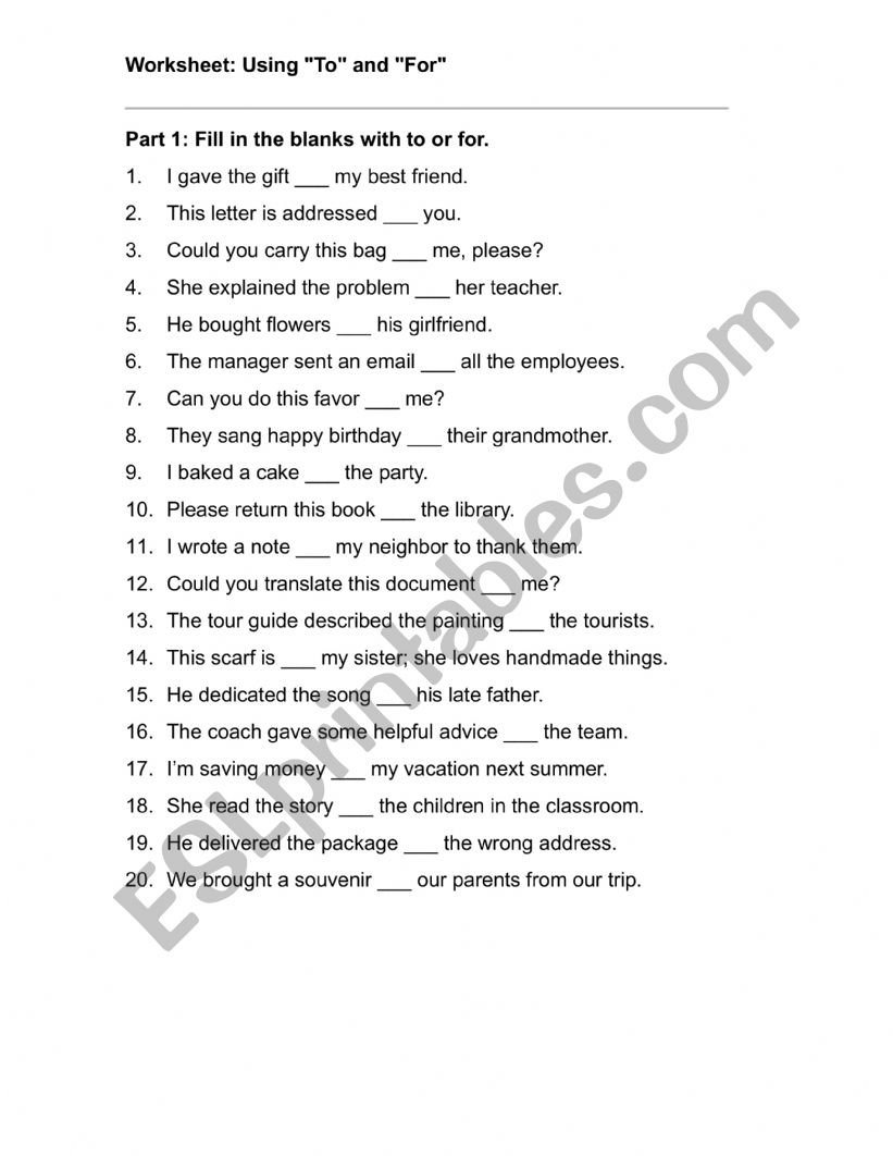 To and For worksheet