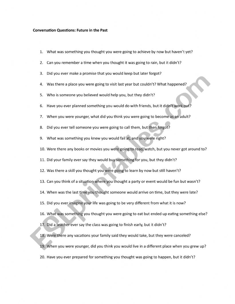 Future in the past worksheet