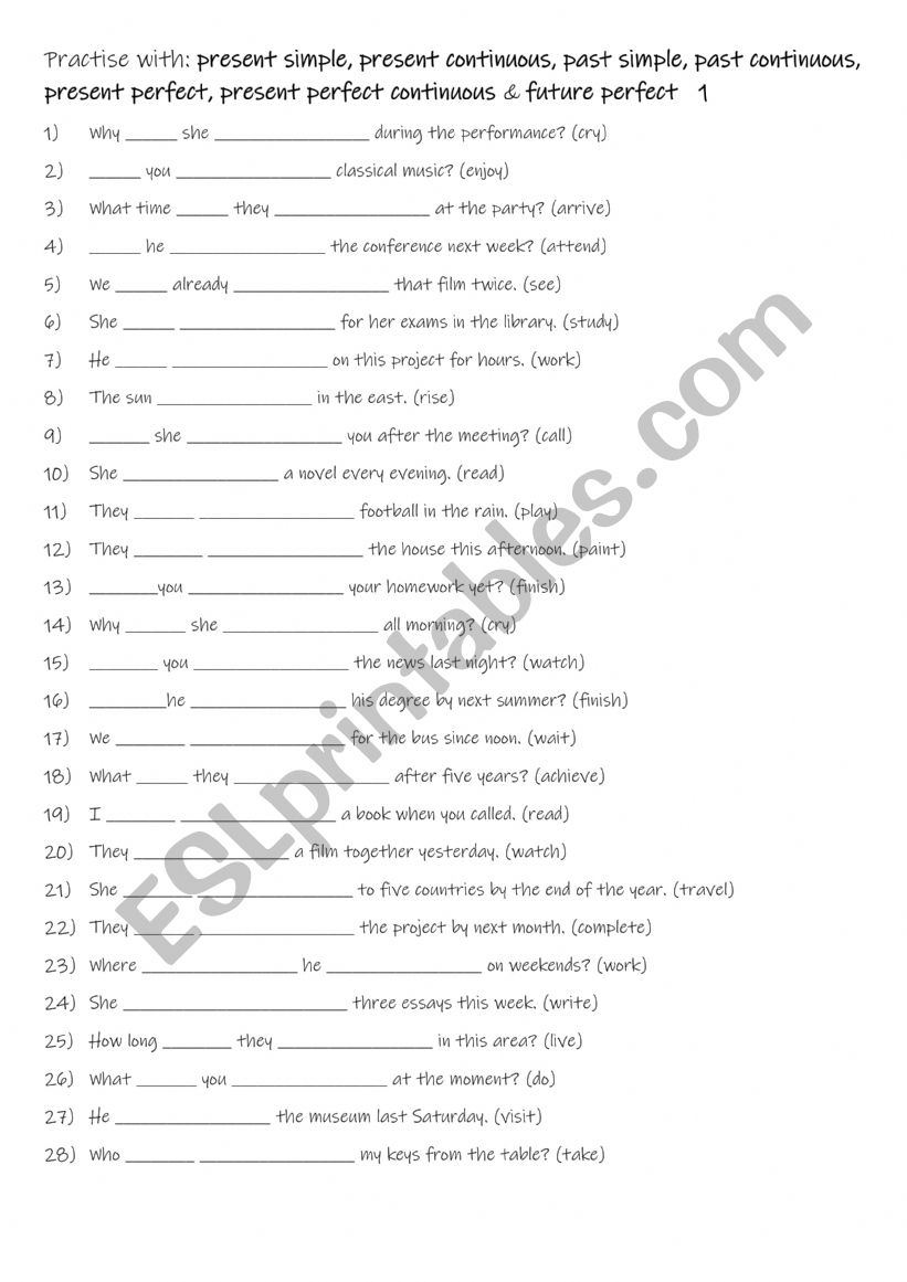 A2+-B1 Practise with present simple, present continuous, past simple, past continuous, present perfect, present perfect continuous & future perfect  1