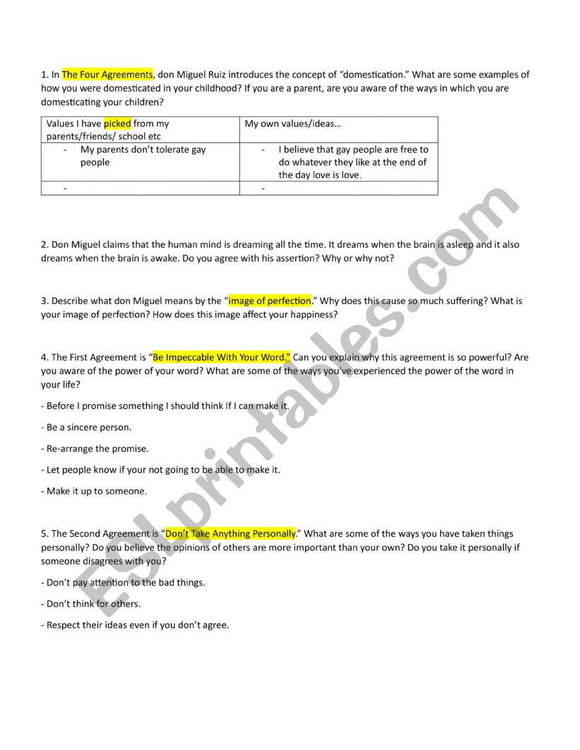 FOUR AGREEMENTS worksheet