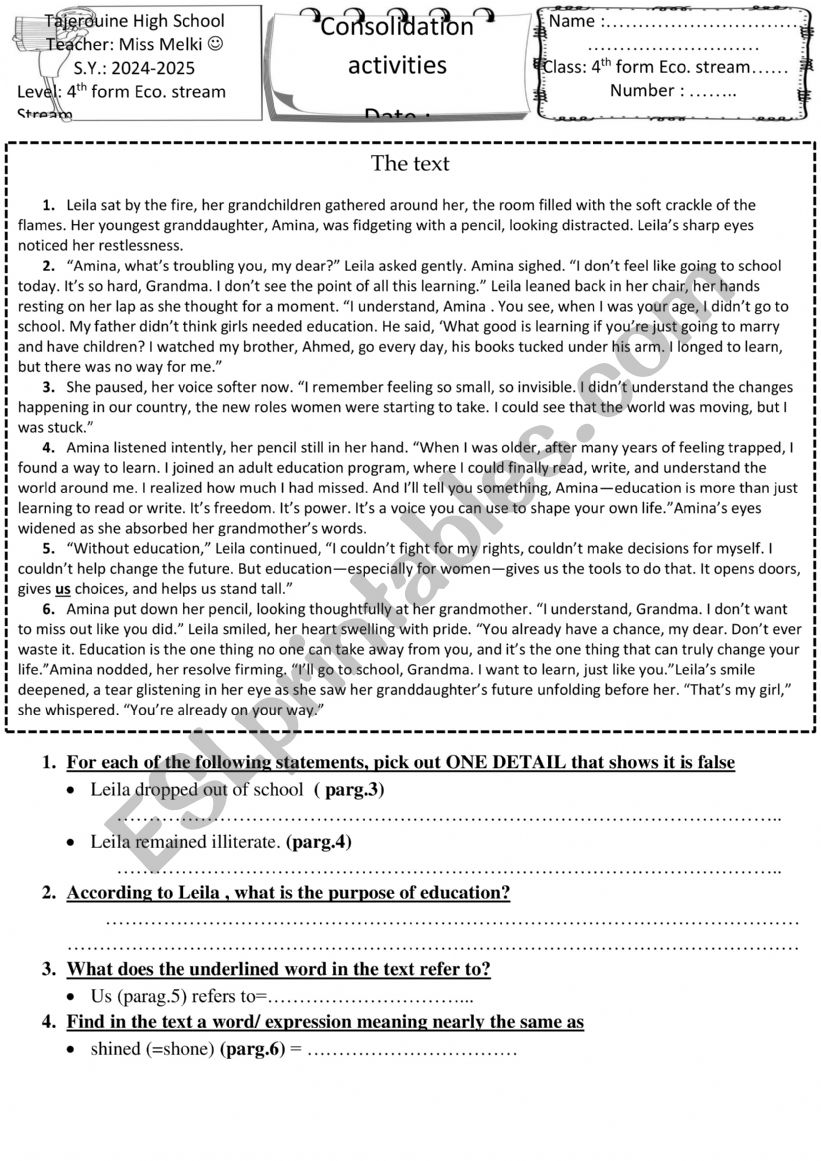remedial work 4th form worksheet